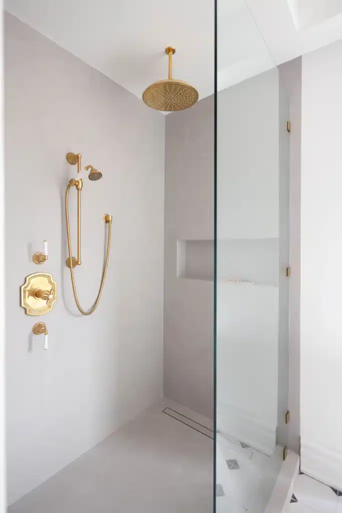 clos up shot of Modern bathroom renovation in Toronto Victorian home with glass shower