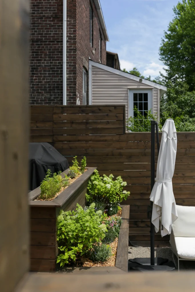 Backyard landscaping detail with gravel ground cover, ornamental trees, modern wood privacy fence, and integrated landscape lighting in Toronto