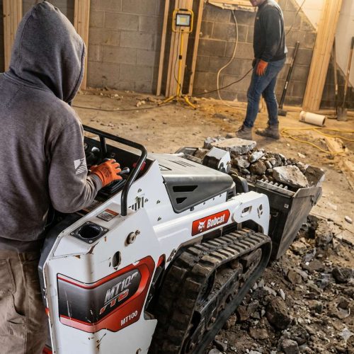 A construction crew member in a grey hoodie operates a Bobcat MT100 mini-tracked loader with a full bucket of concrete rubble during a basement underpinning and foundation lowering project in Toronto. The image shows the ongoing excavation and removal of debris, with another worker supervising in the background near exposed foundation walls.